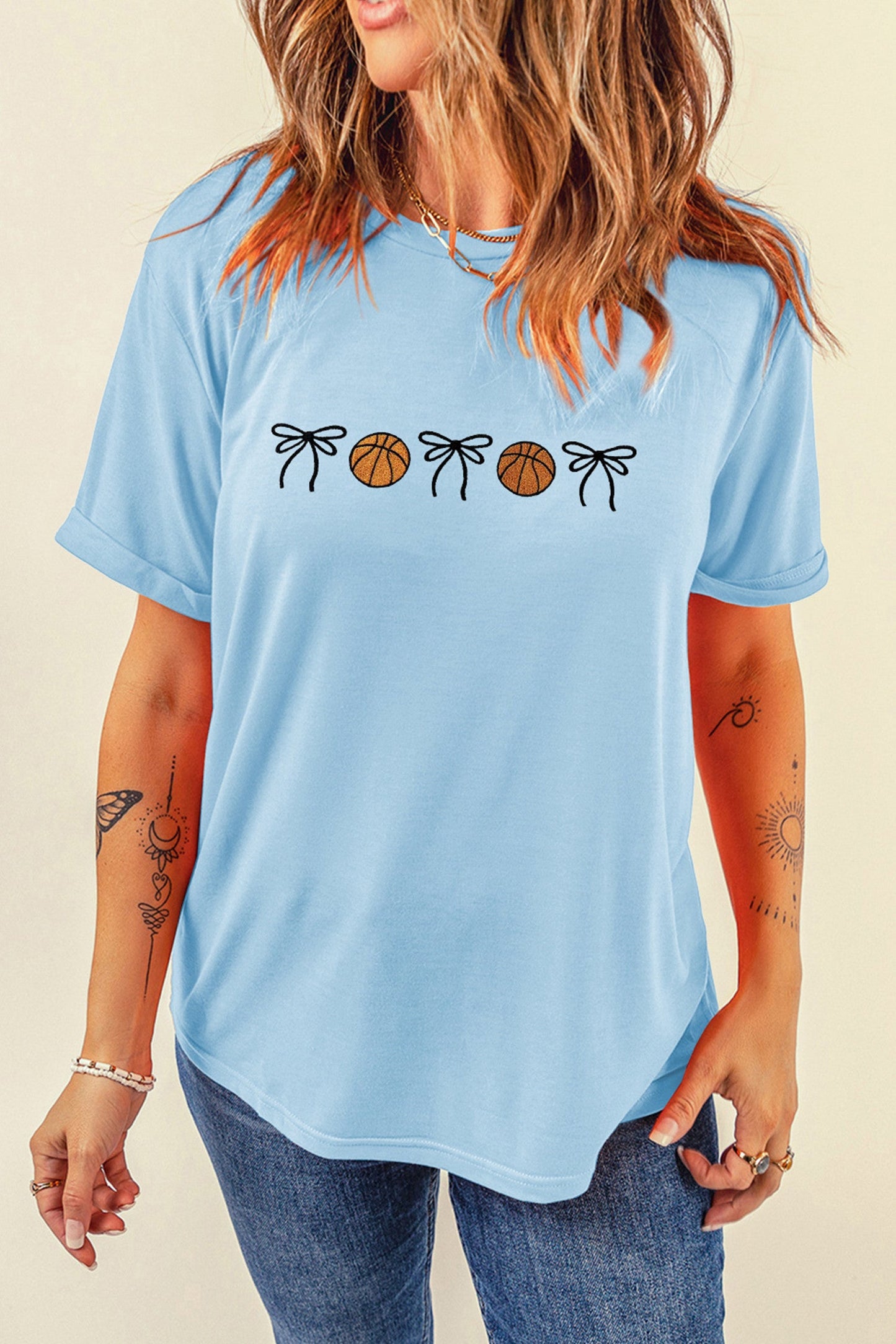 Blue Basketball Bow Embroidered Shirt