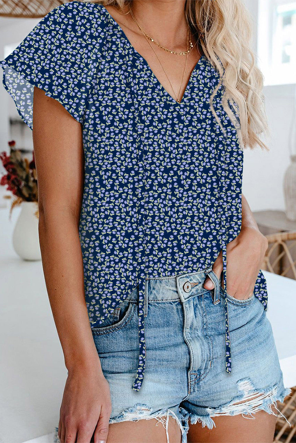 Blue Floral Flutter Blouse