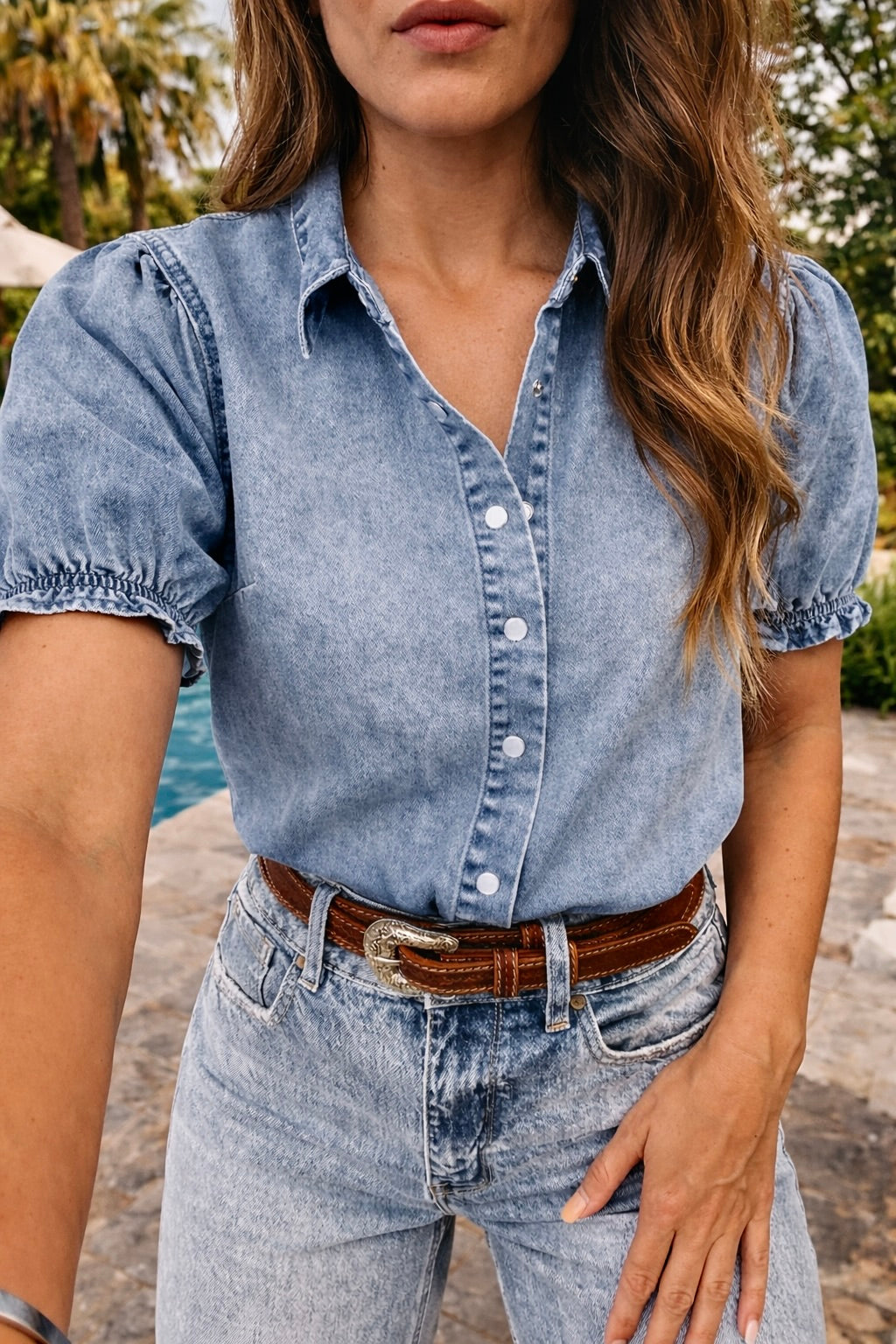 Blue Frilled Denim Shirt