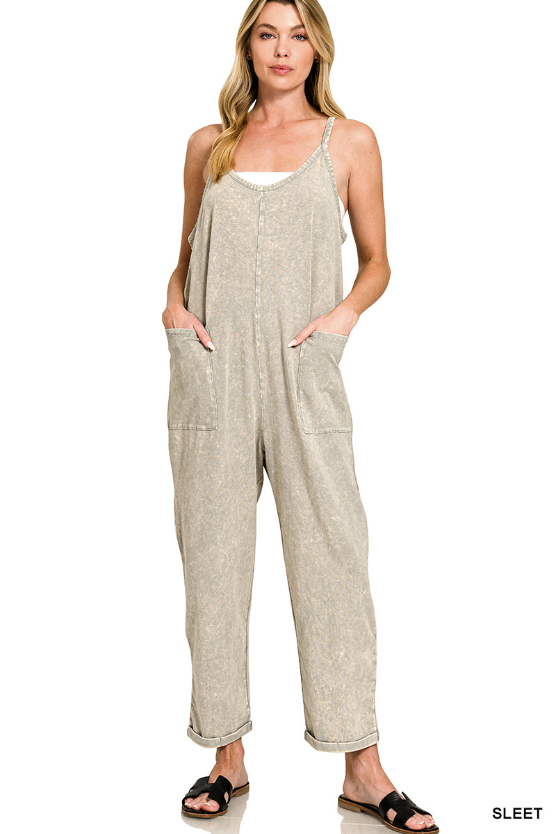 Washed-Spaghetti Strap Overalls Zenana