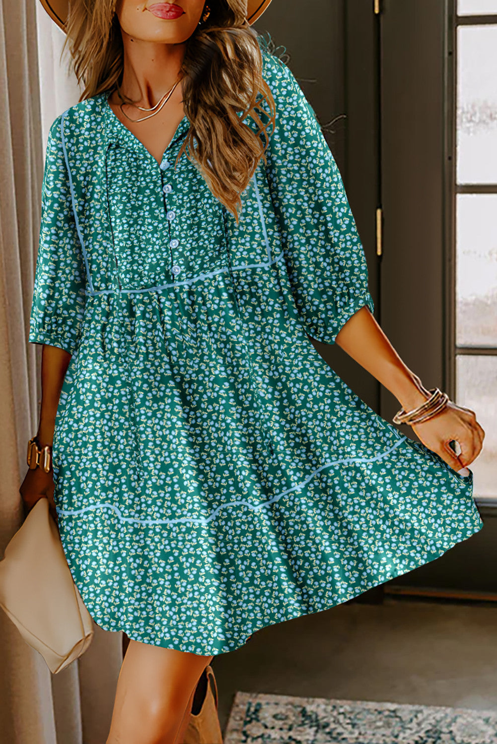 Green Floral Trim Button Dress