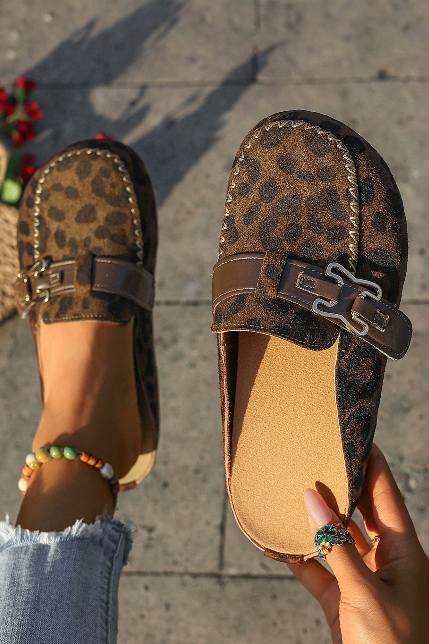 Leopard Leather Strap Slippers