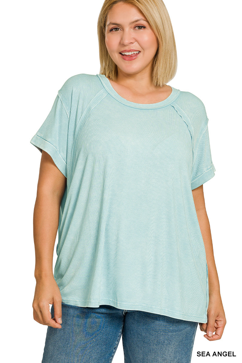 Plus Washed Ribbed Cuffed Top Zenana RTS