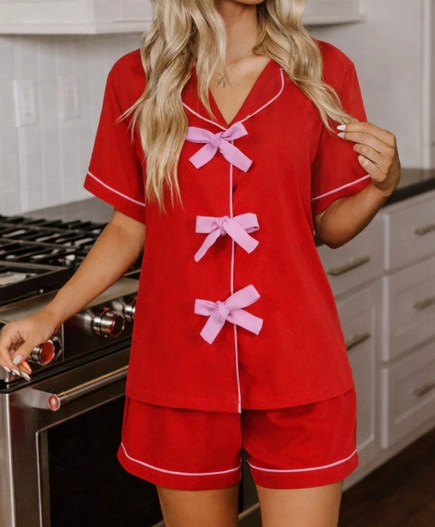 Red Trim Ribbon Bow Pajama Set