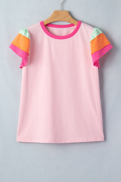 Pink Colorblock Flutter Sleeve Top