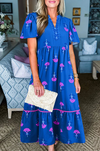 BLUE FLORAL NOTCHED DRESS