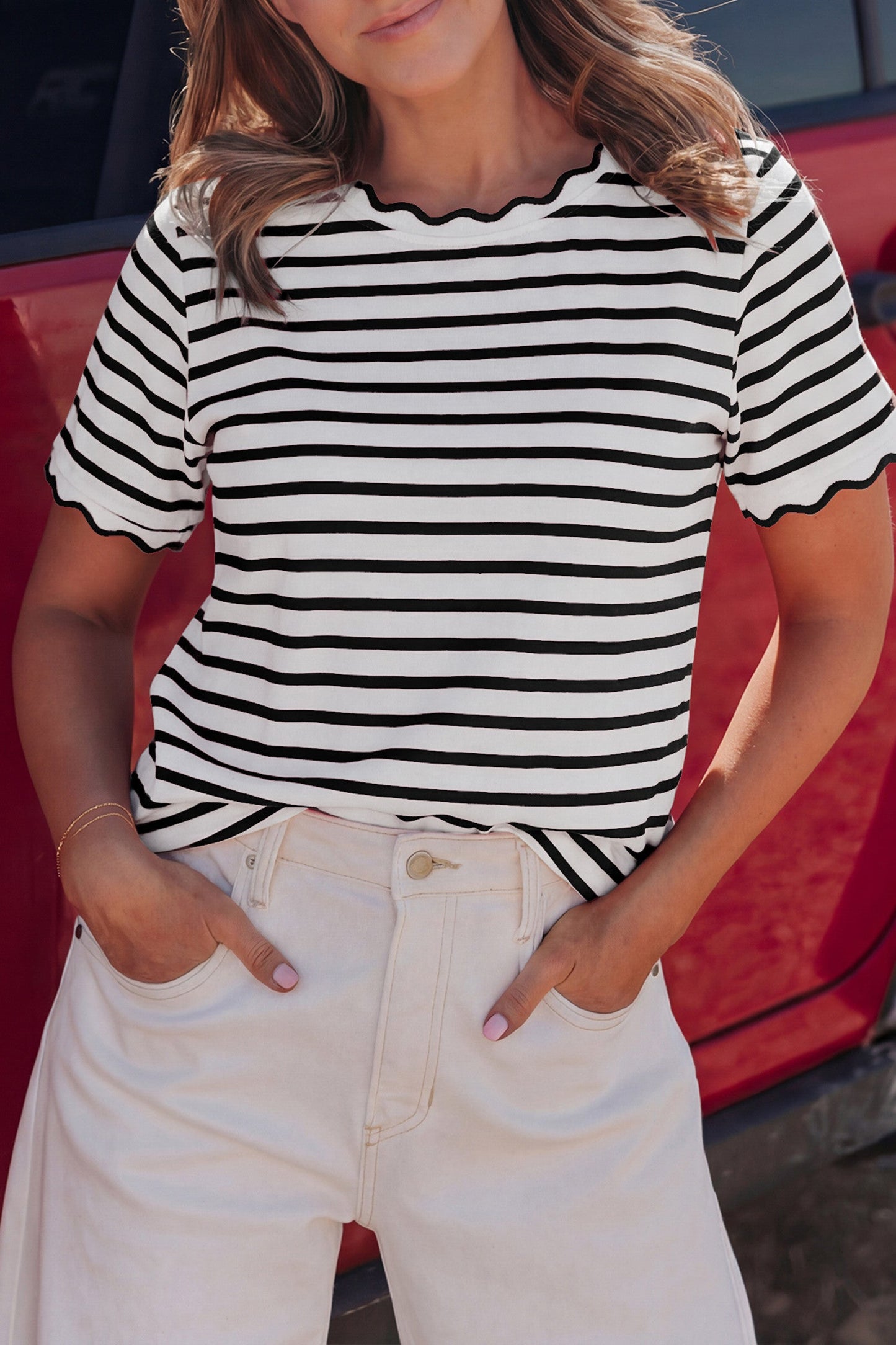 Black Stripe Scalloped Trim Top