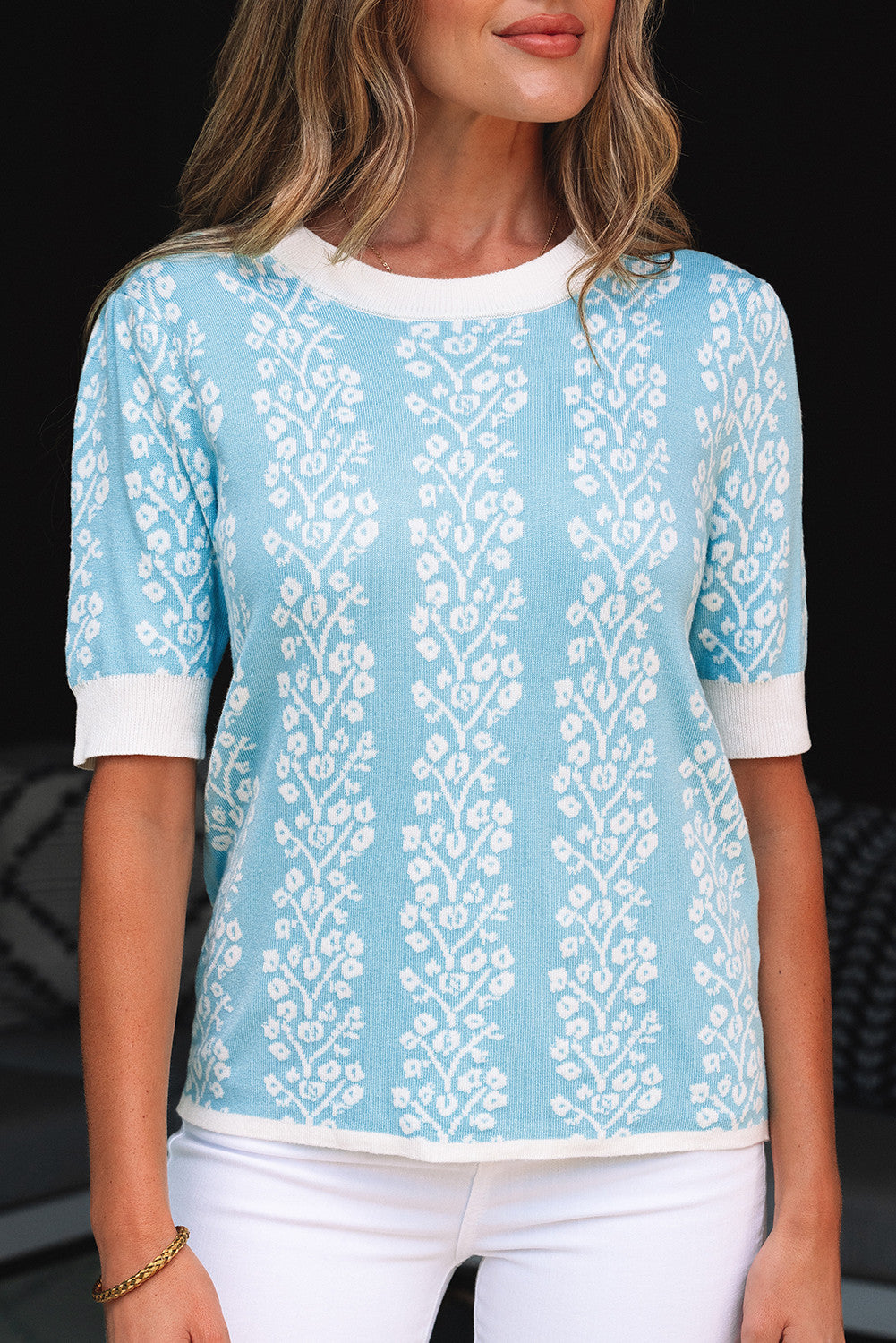 Blue Contrast Floral Sweater