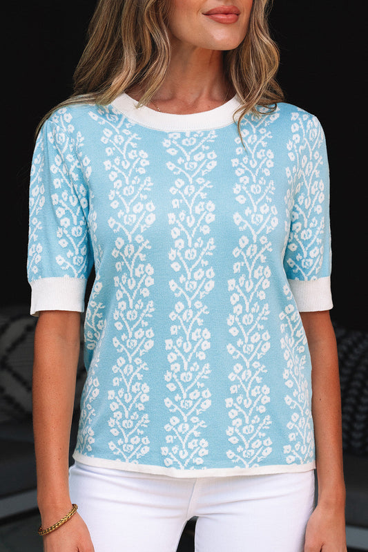 Blue Contrast Floral Sweater