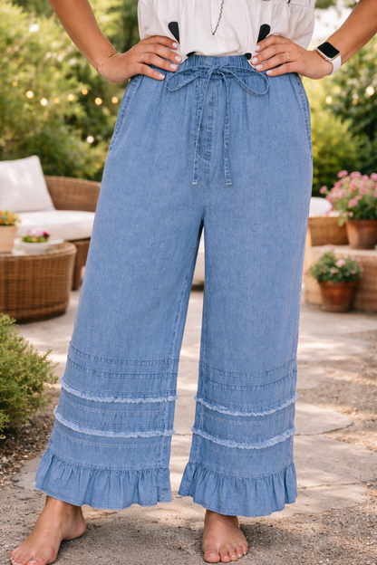 Blue Ruffled Chambray Pants