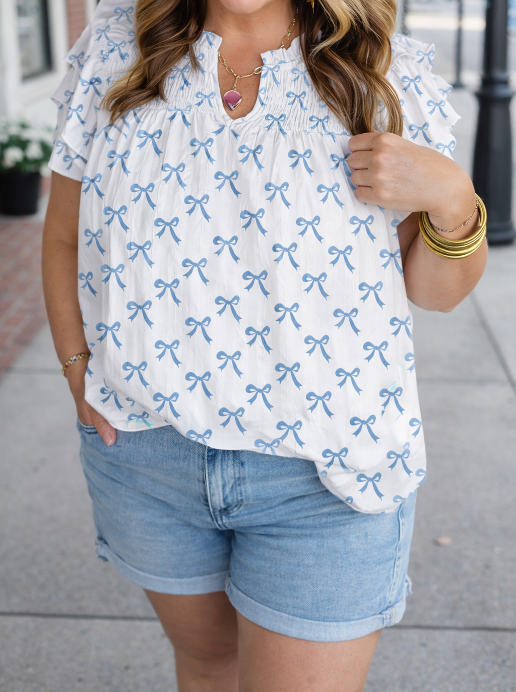 Blue Ruffled Plus Bow Top