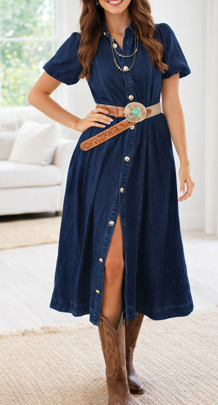 Bubble Sleeve Long Denim Dress