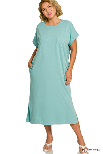 Plus-Round Neck Midi Dress Zenana
