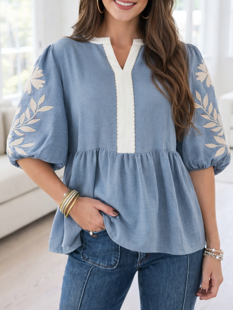 Embroidered Babydoll Blouse