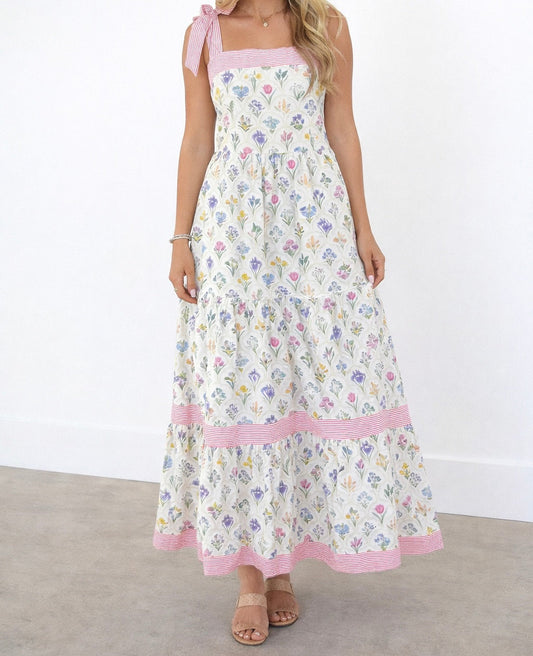 Floral Stripe Knot Strap Maxi Dress