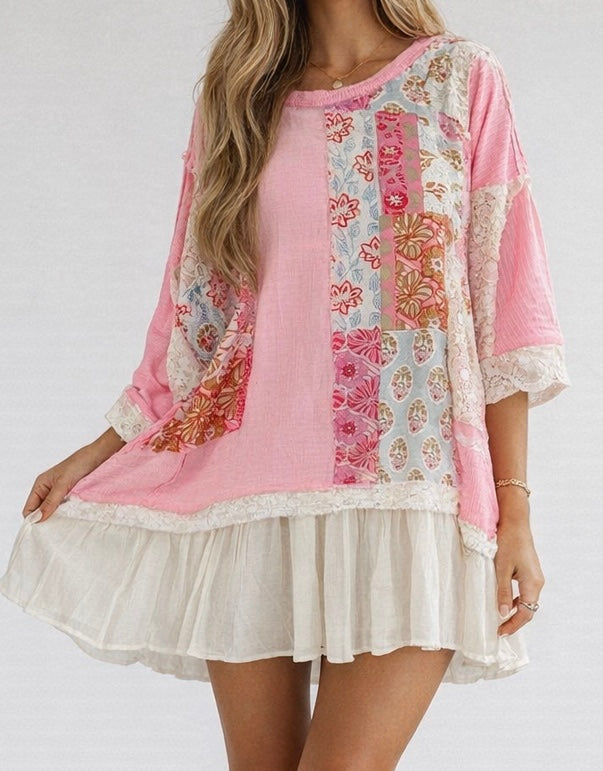 Pink Boho Ruffle Hem Dress