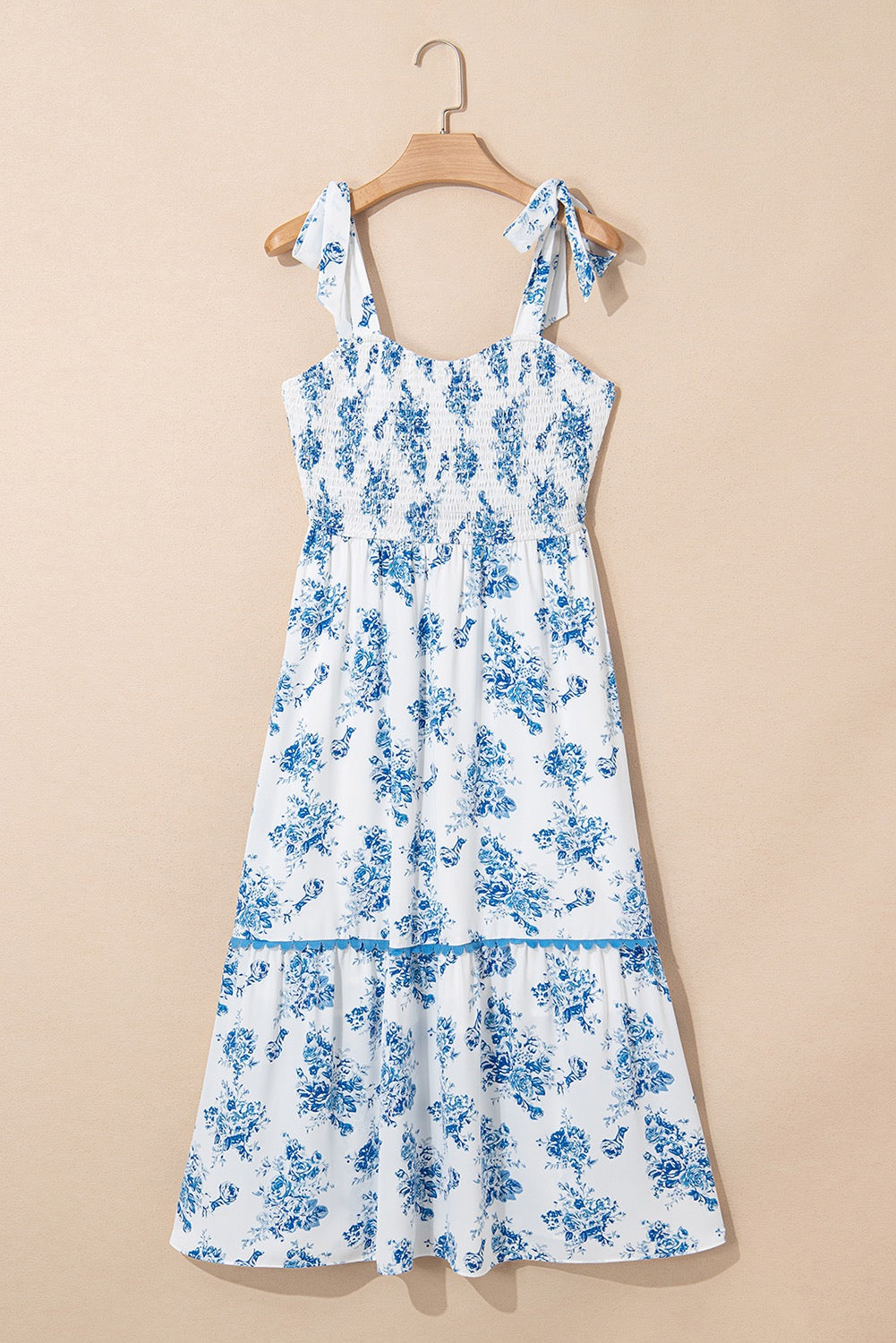 Blue Floral Print Shirred Long Dress