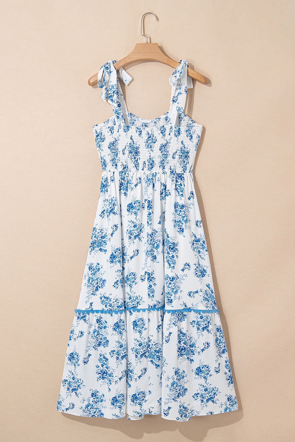 Blue Floral Print Shirred Long Dress