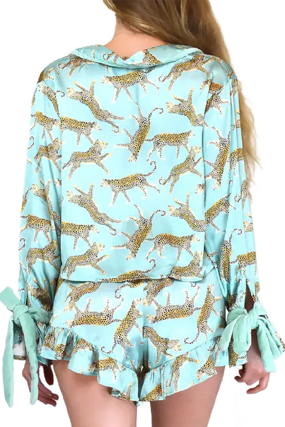 Green Leopard Satin Ruffle Pajama Set