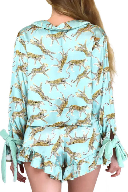 Green Leopard Satin Ruffle Pajama Set