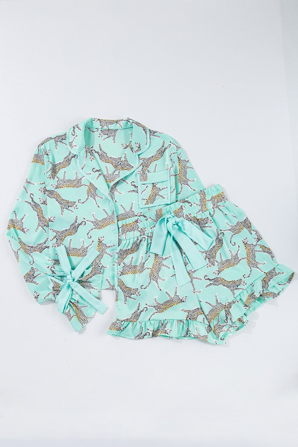 Green Leopard Satin Ruffle Pajama Set