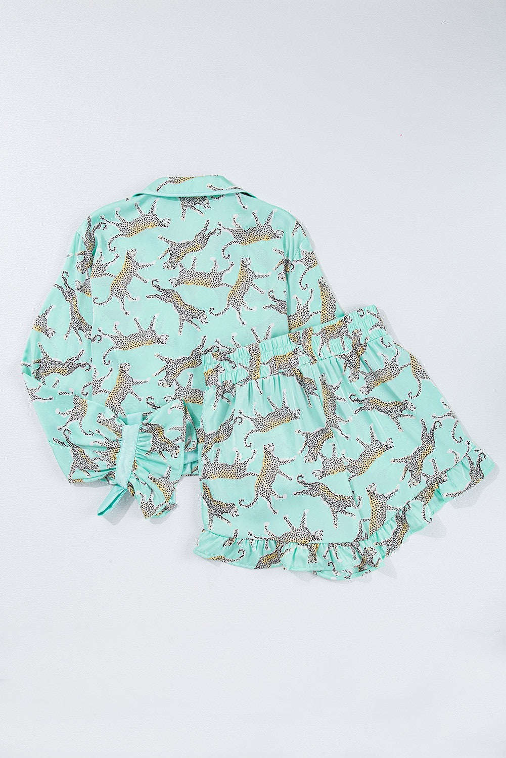 Green Leopard Satin Ruffle Pajama Set