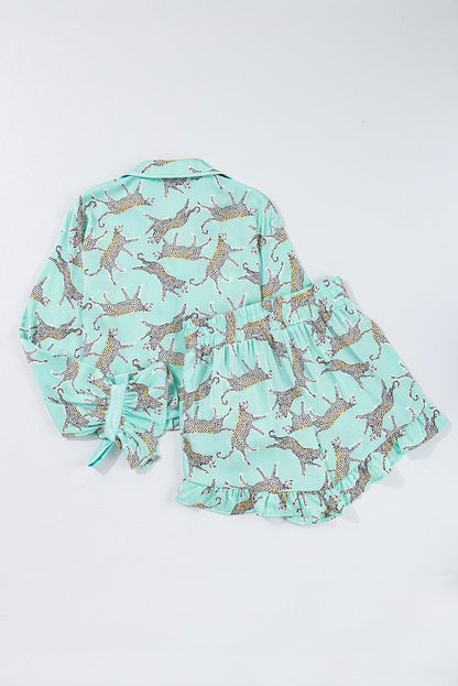 Green Leopard Satin Ruffle Pajama Set
