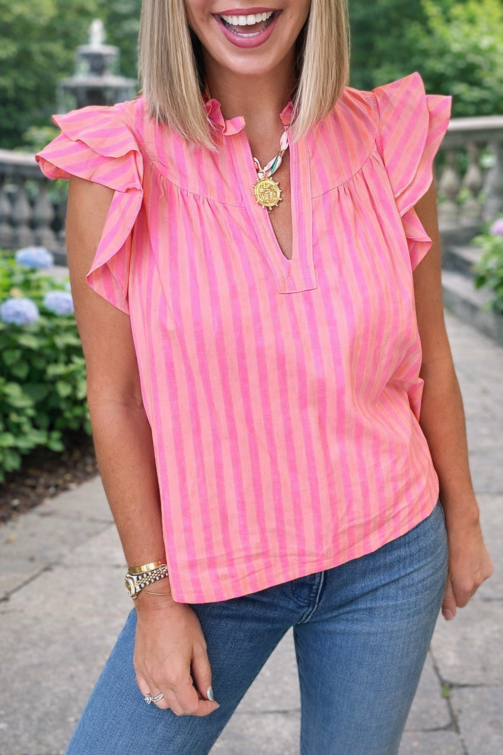 Pink Stripe Ruffled Blouse