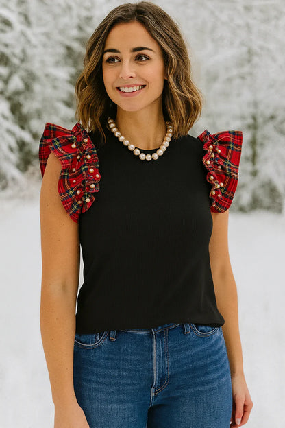 PLAID PEARL RUFFLE TOP