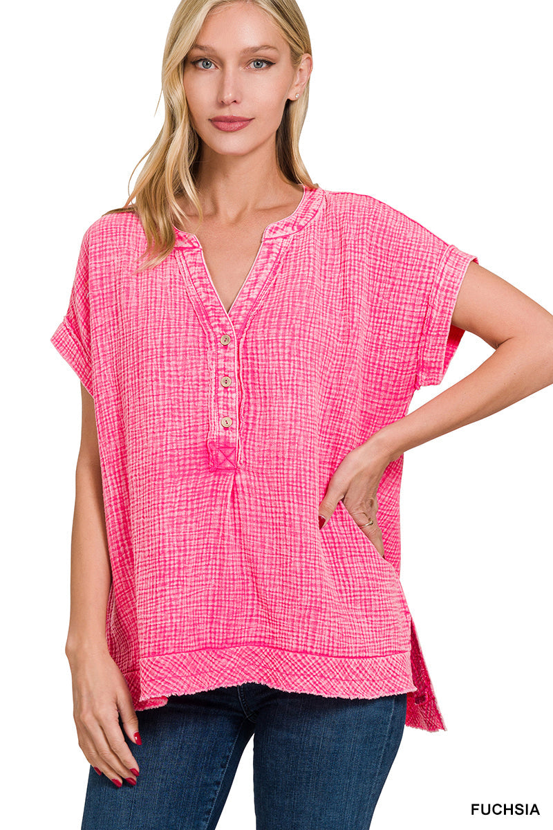 Double-Gauze Henley Top Zenana