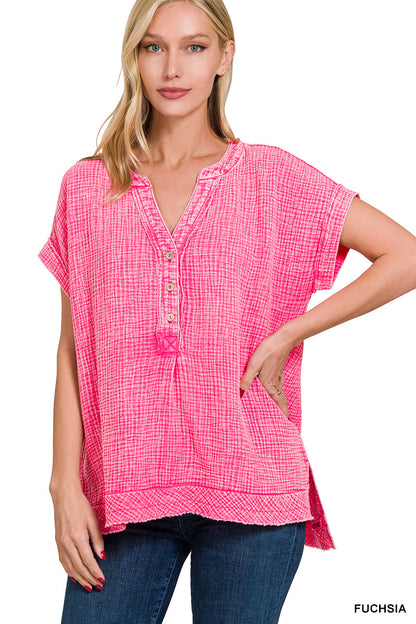 Double-Gauze Henley Top Zenana