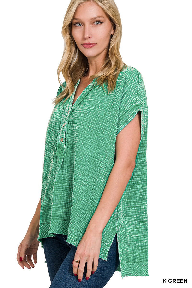 Double-Gauze Henley Top Zenana