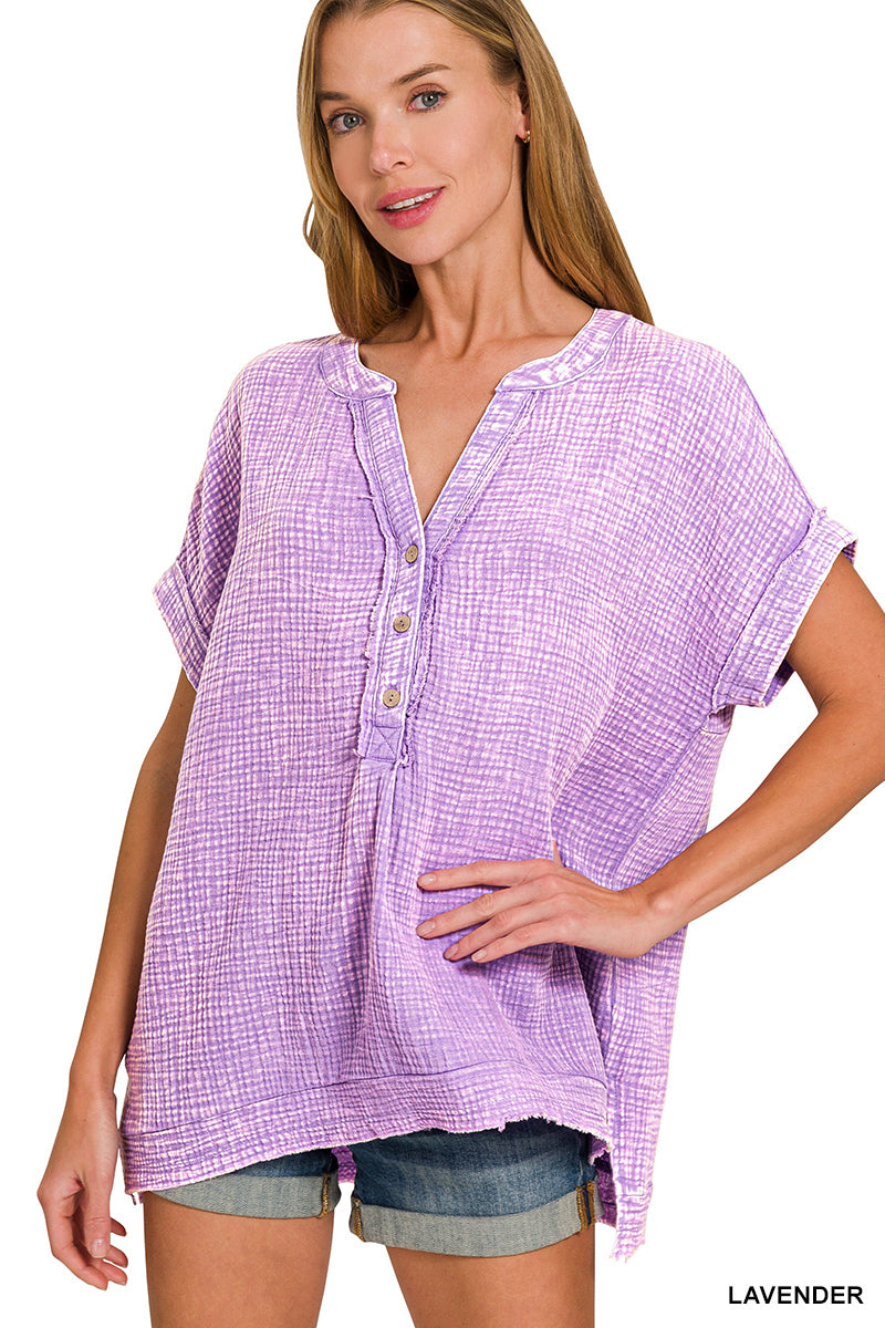 Double-Gauze Henley Top Zenana