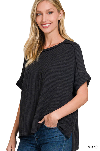 Raised-Rib Cuff Sleeve Top Zenana