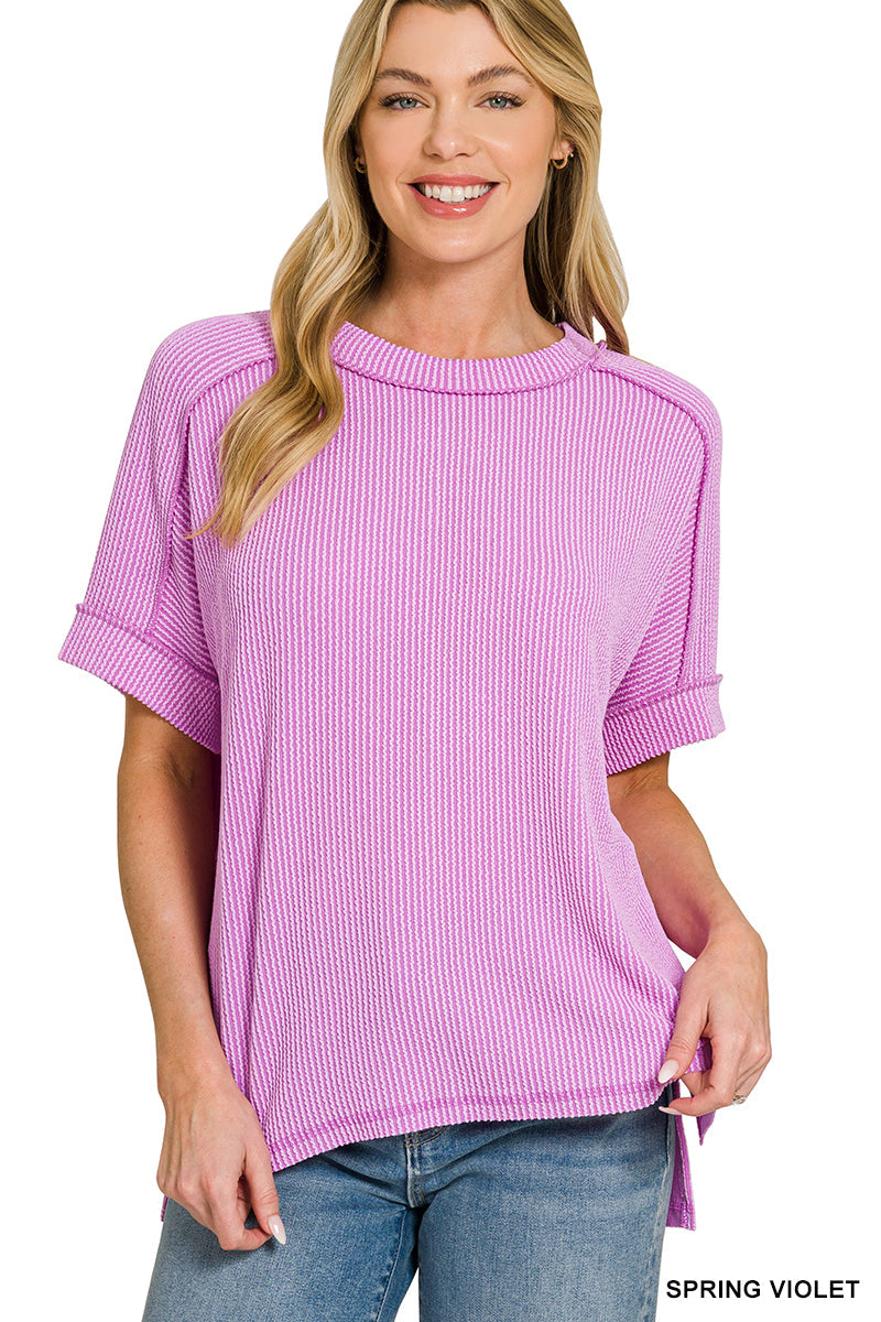 Raised-Rib Cuff Sleeve Top Zenana