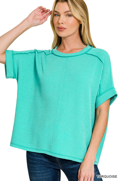 Raised-Rib Cuff Sleeve Top Zenana