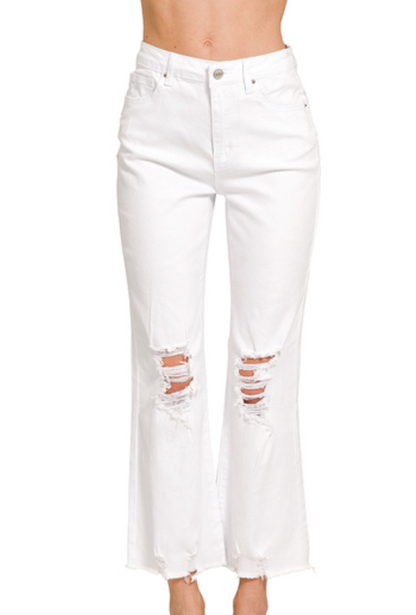 Acid Washed High Waist Distressed Straight Pants Zenana