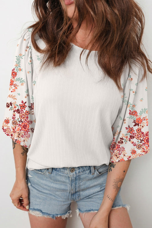 White Ribbed Floral Patchwork Top