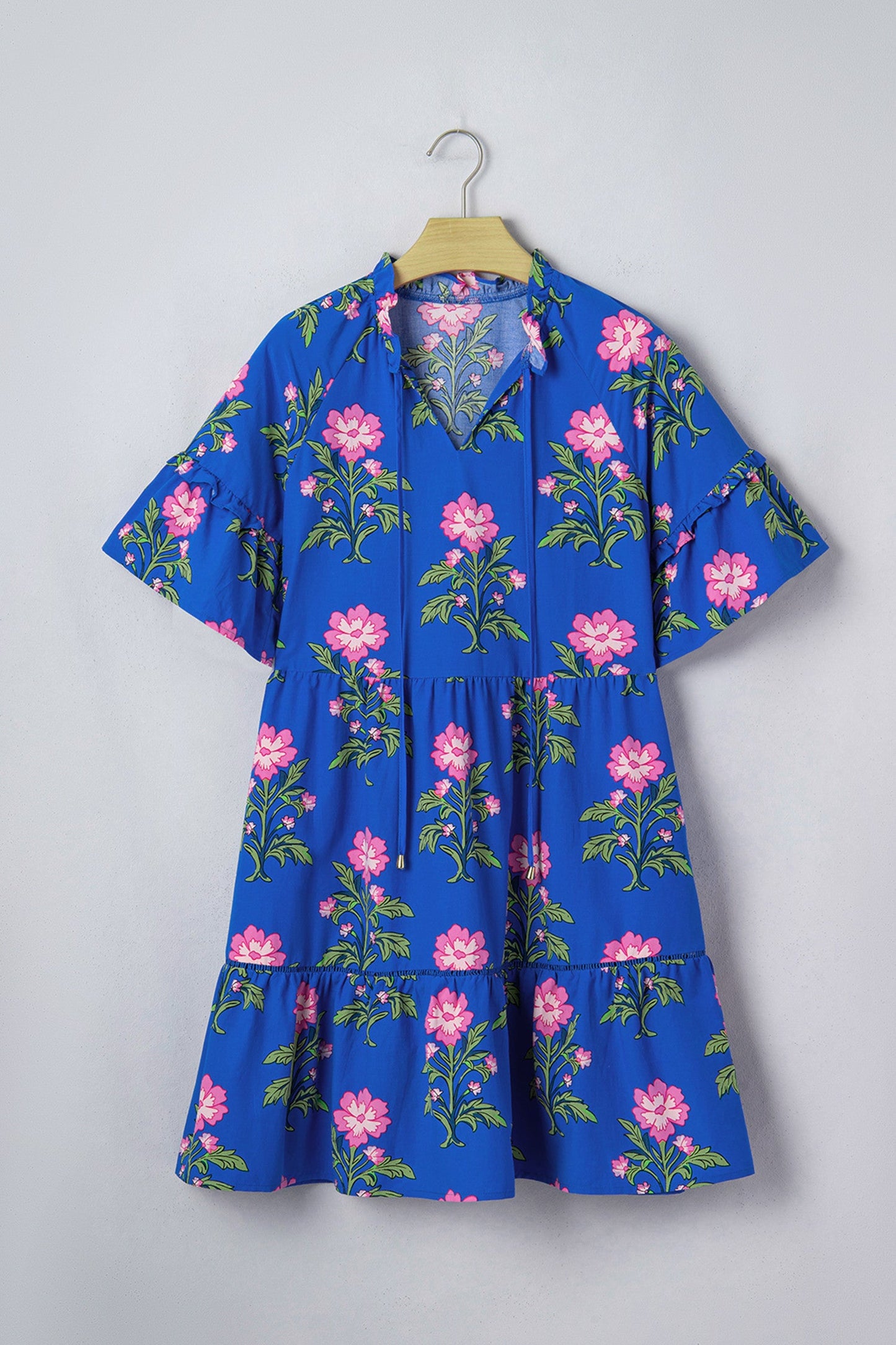 Blue V Neck Loose Flower Dress