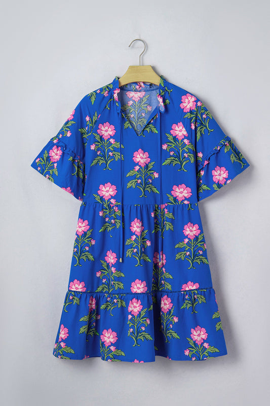 Blue V Neck Loose Flower Dress